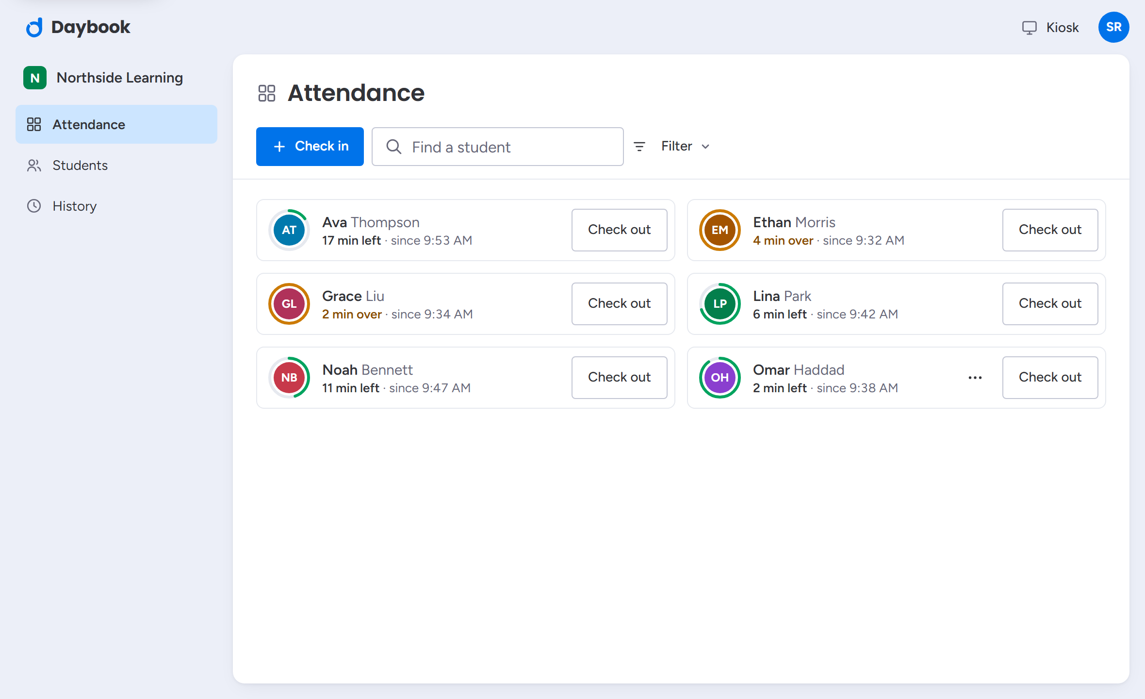 The Daybook attendance board, showing checked-in students and their time left