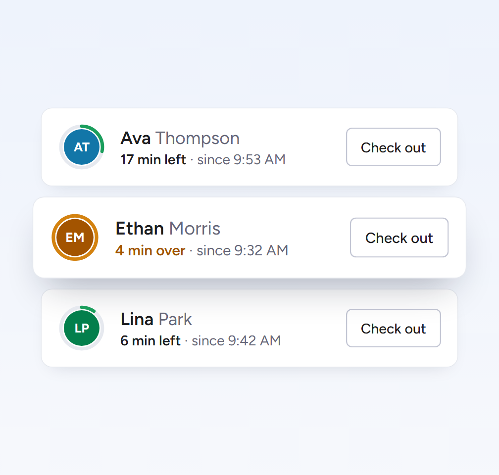 Checked-in students with time left and time over